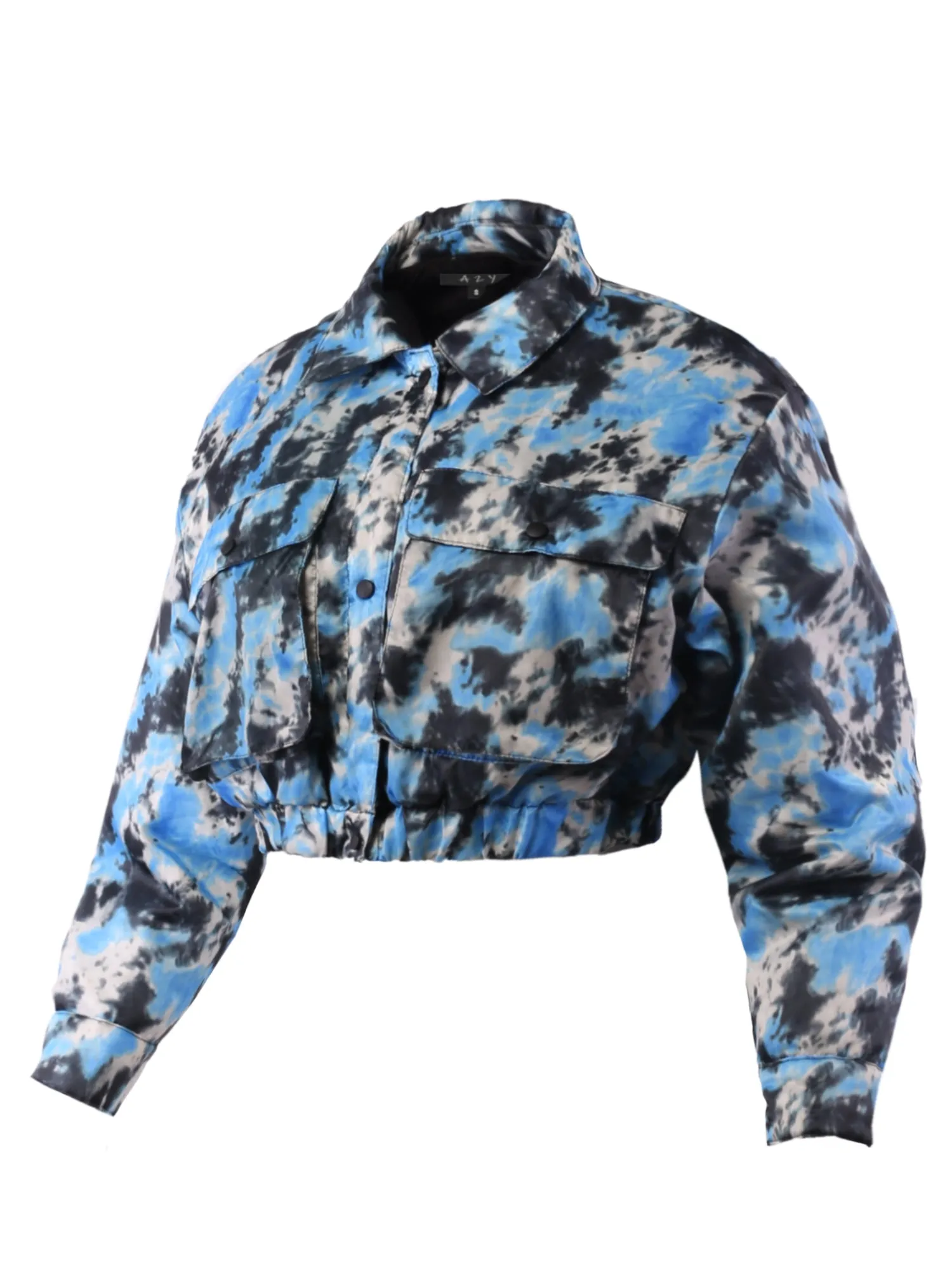 Cropped Front Two Pocket Snap Quilted Padding Bomber Jacket Tie-dye Black Blue