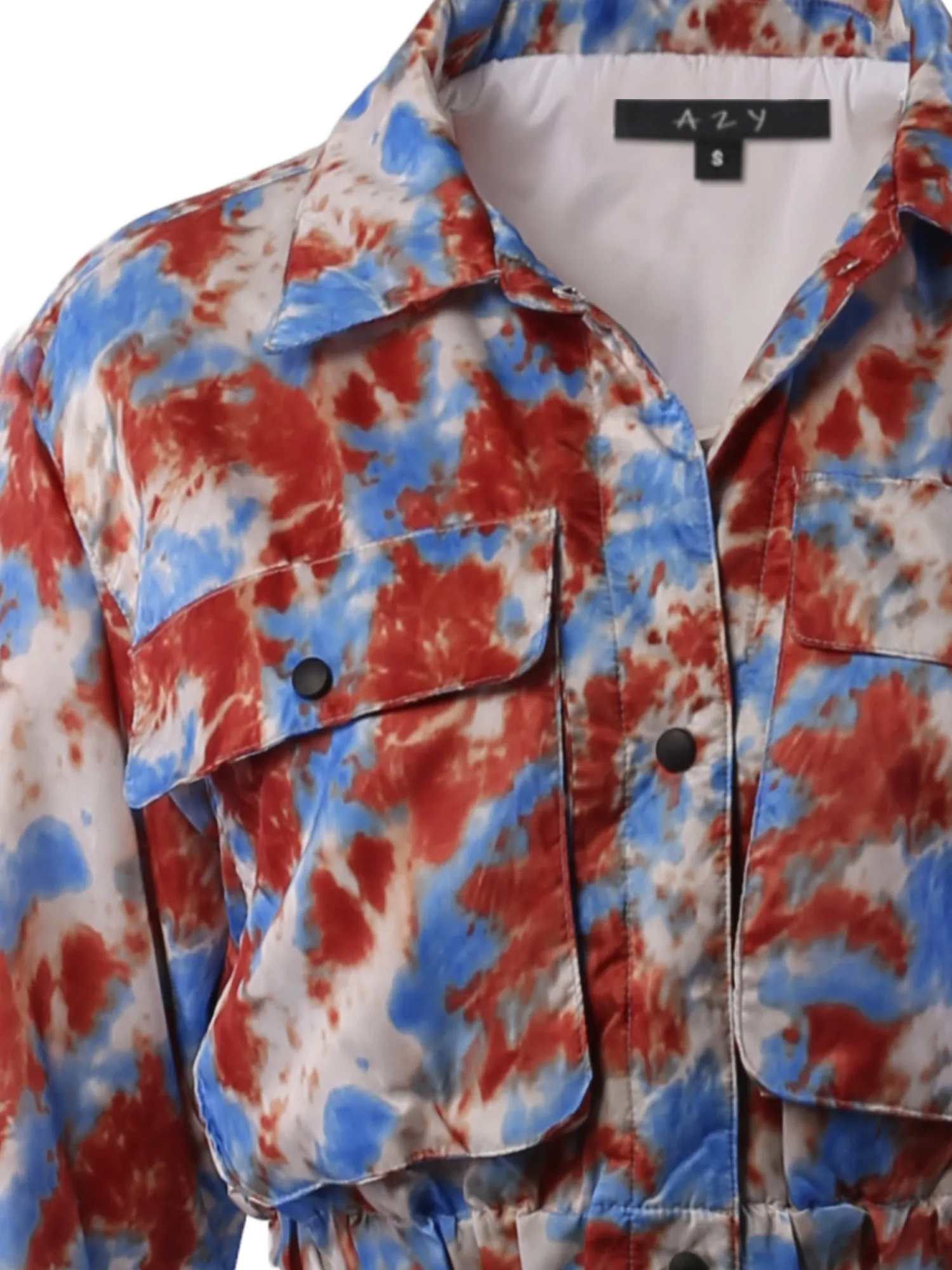 Cropped Front Two Pocket Snap Quilted Padding Bomber Jacket Tie-dye Black Blue