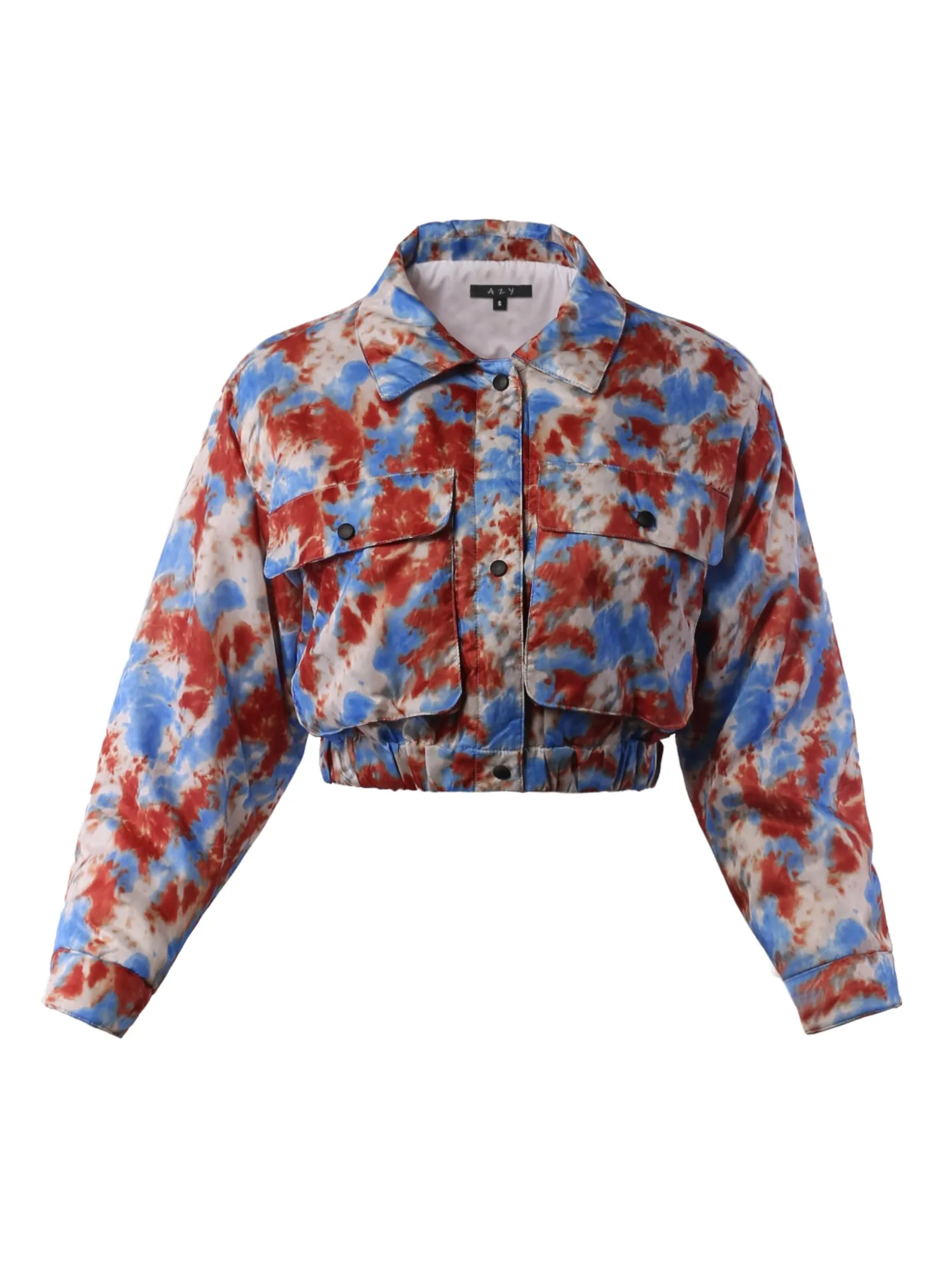 Cropped Front Two Pocket Snap Quilted Padding Bomber Jacket Tie-dye Black Blue