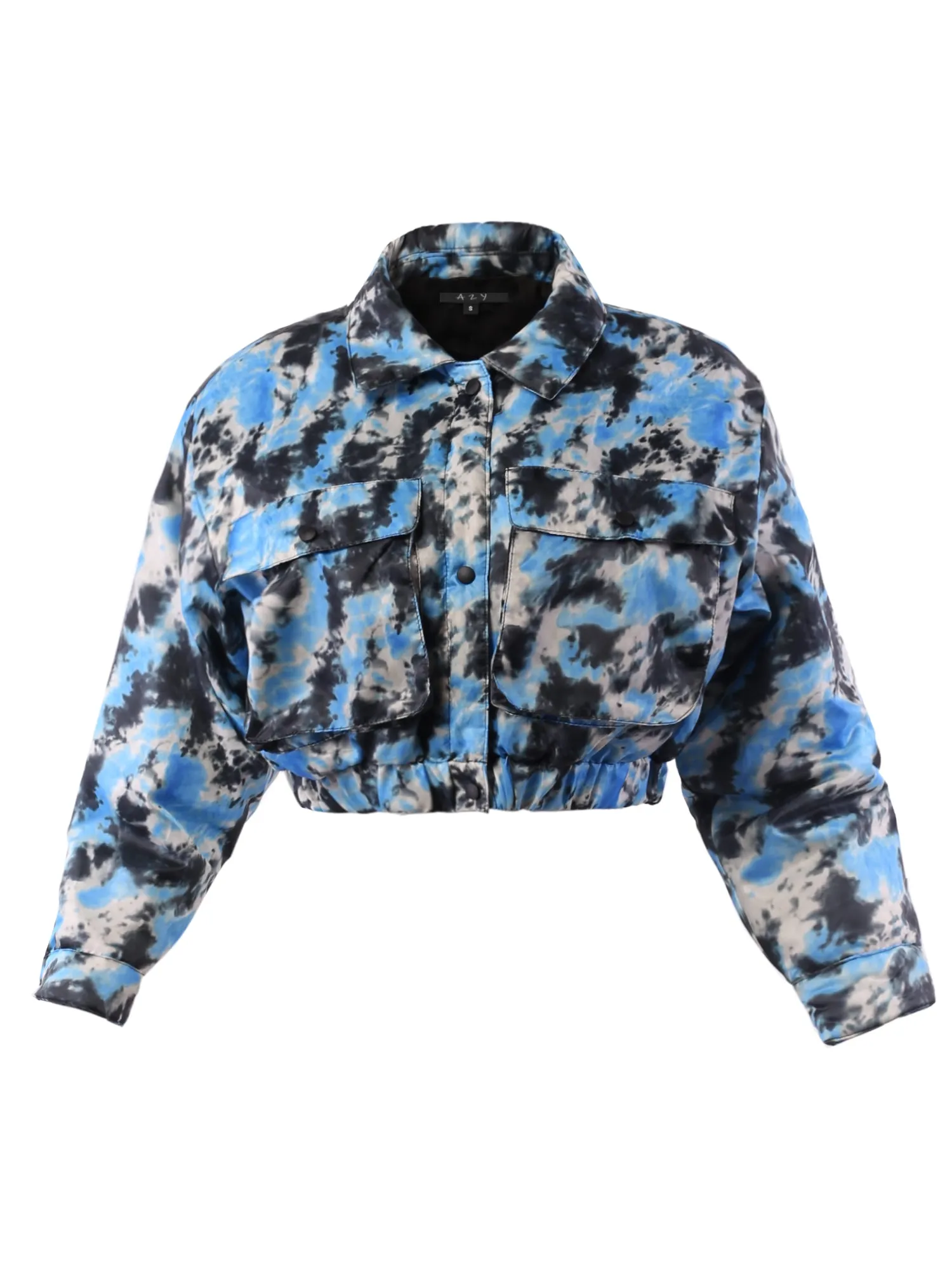 Cropped Front Two Pocket Snap Quilted Padding Bomber Jacket Tie-dye Black Blue