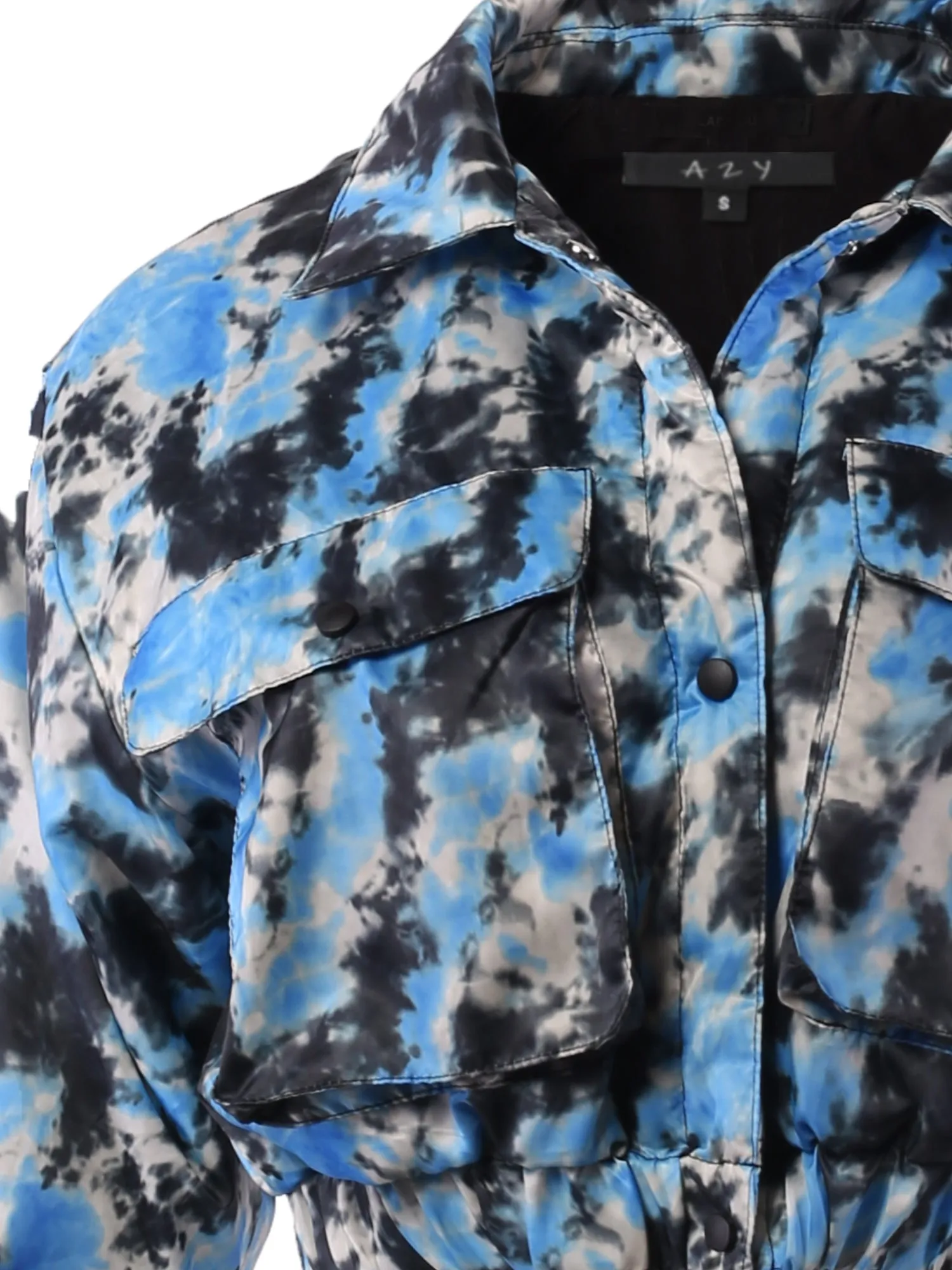 Cropped Front Two Pocket Snap Quilted Padding Bomber Jacket Tie-dye Black Blue