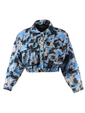 Cropped Front Two Pocket Snap Quilted Padding Bomber Jacket Tie-dye Black Blue