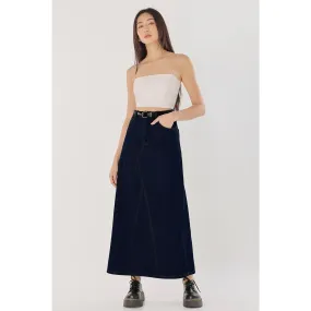 Dark Blue Long Denim Back Slit Skirts