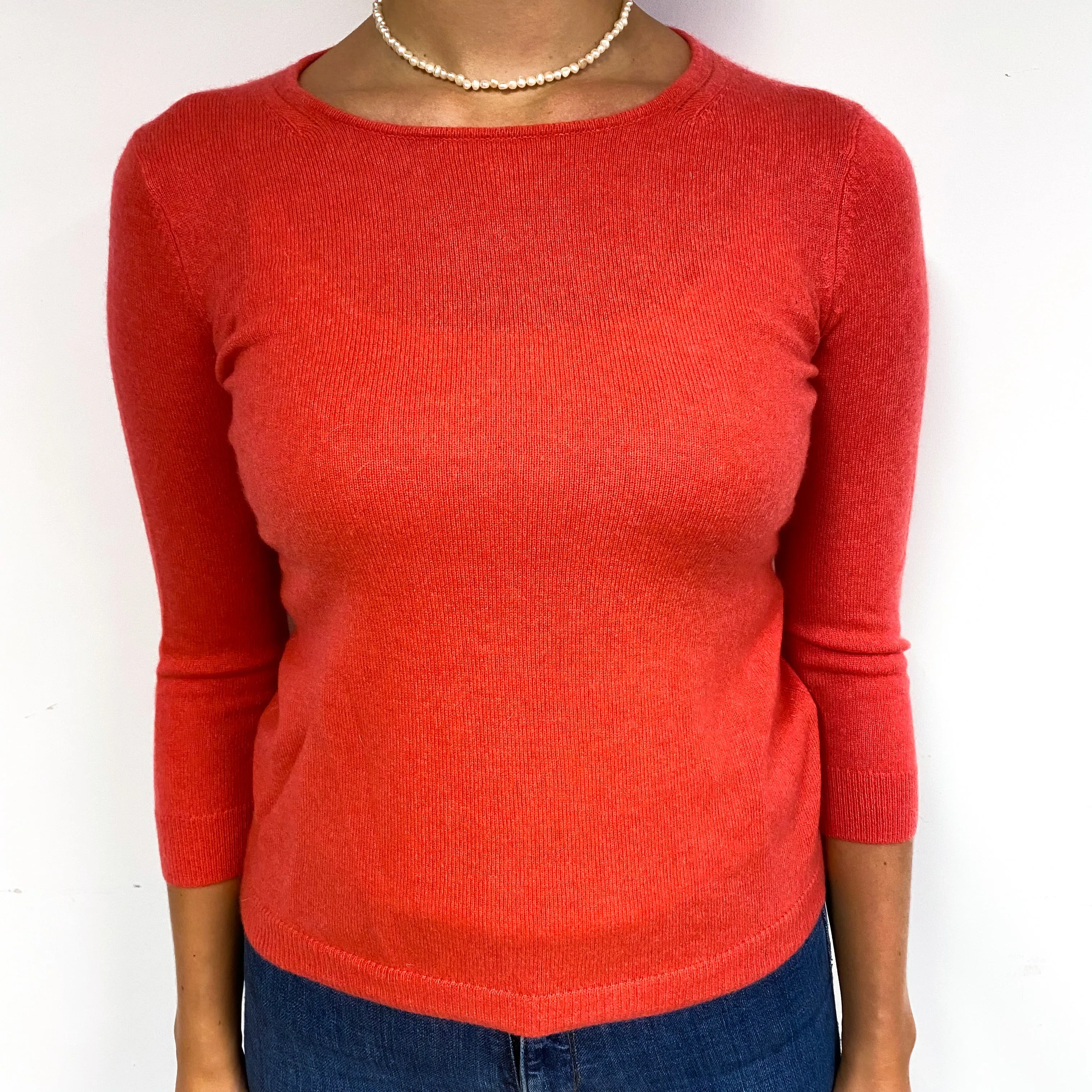 Deep Coral Orange Cashmere Crew Neck Jumper Small