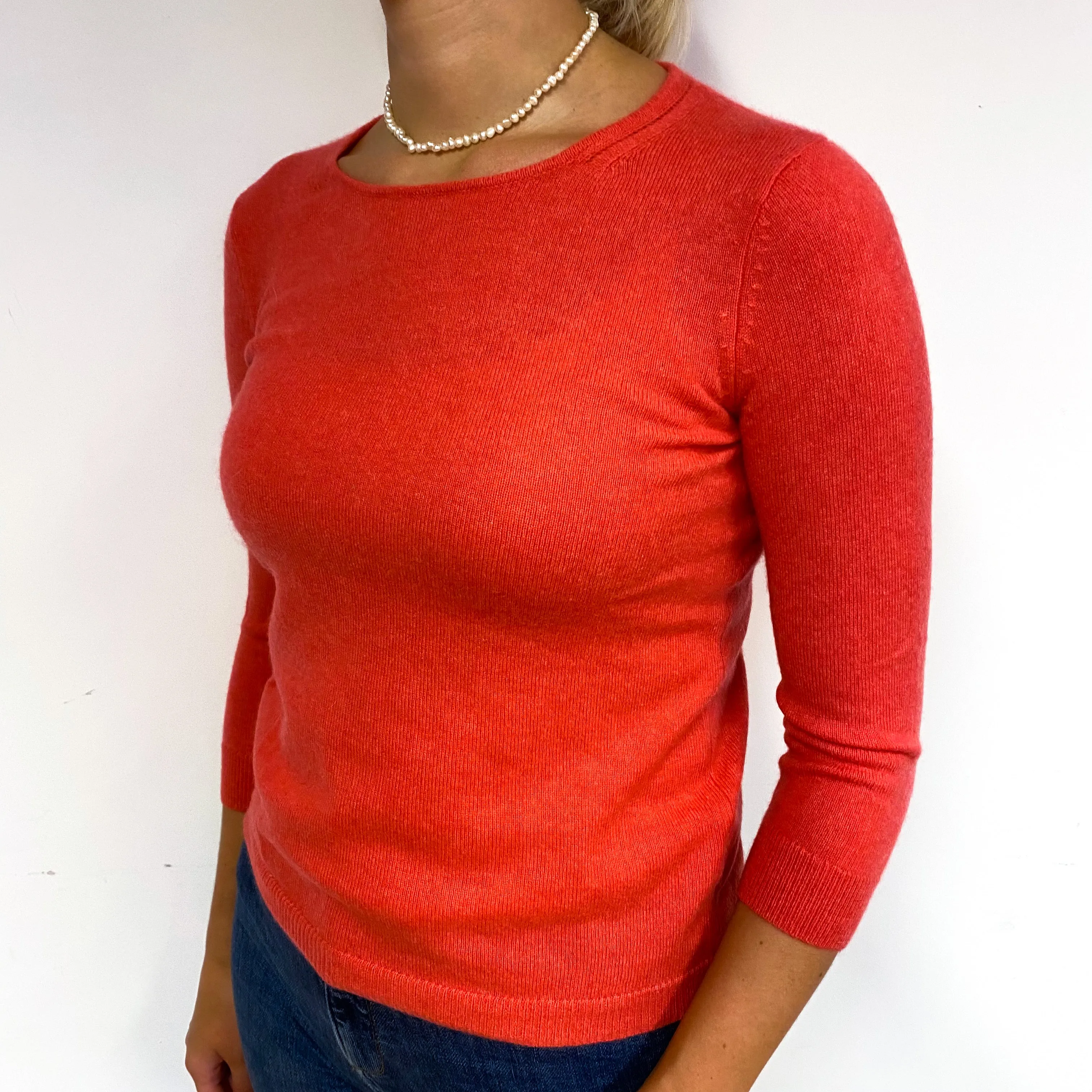 Deep Coral Orange Cashmere Crew Neck Jumper Small
