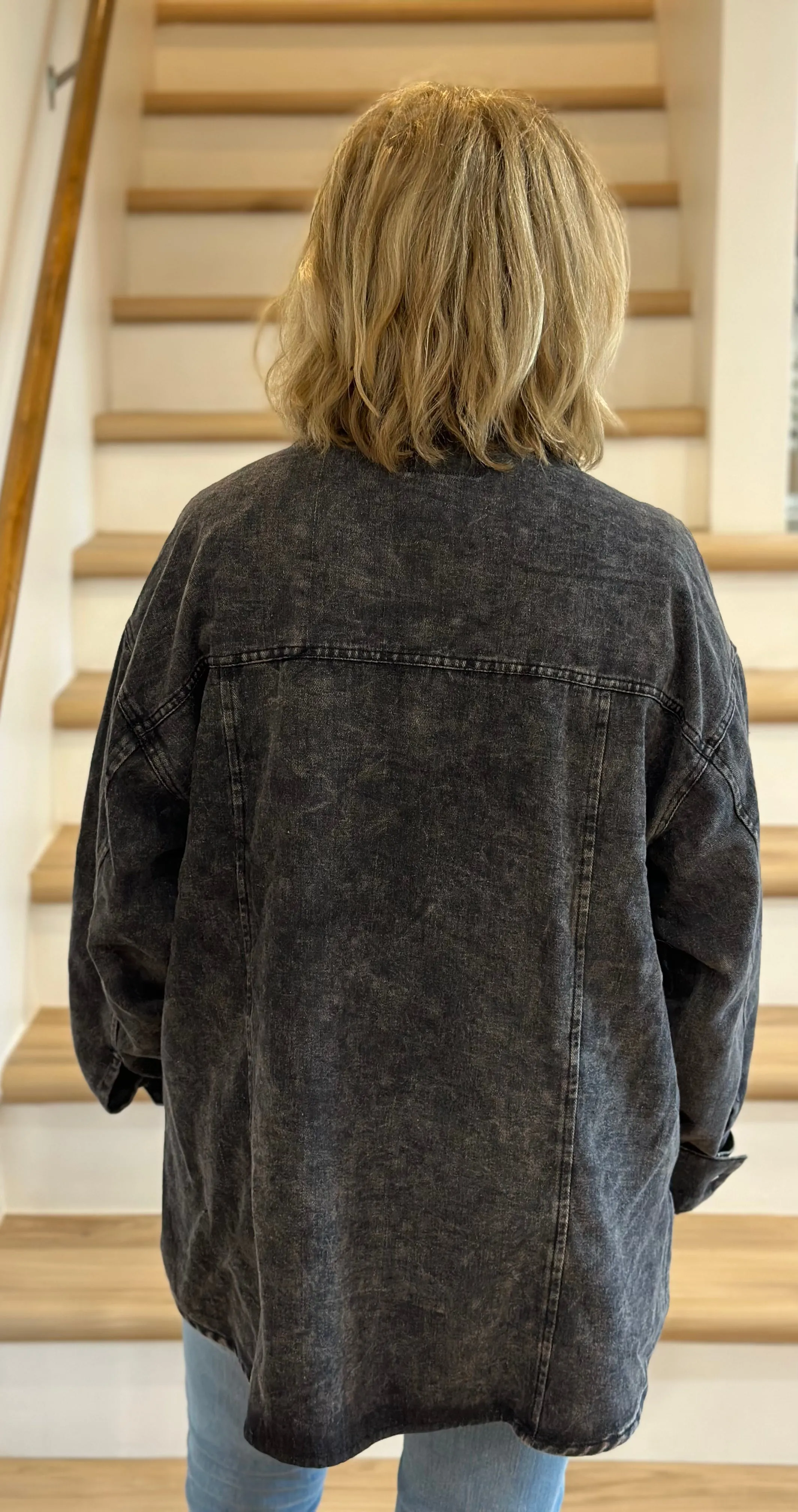 Denim Button Up Shacket With Chest Pockets