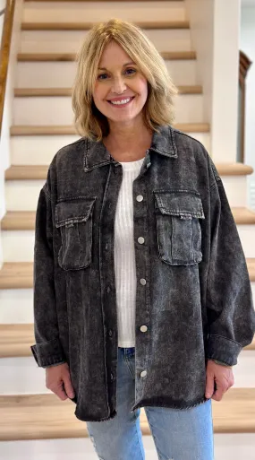 Denim Button Up Shacket With Chest Pockets