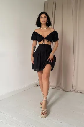 ELS Embroidered Crop Top and Mini Skirt Set - Black - Newark