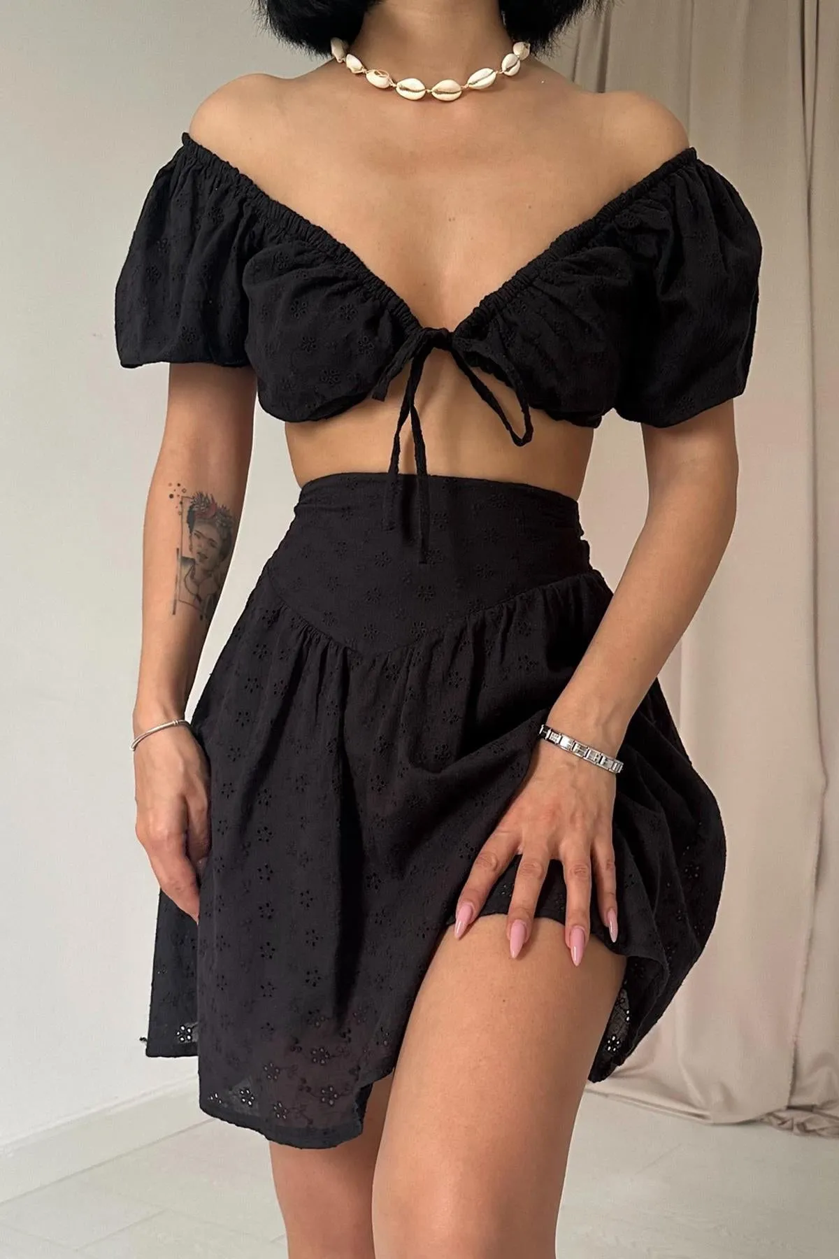 ELS Embroidered Crop Top and Mini Skirt Set - Black - Newark