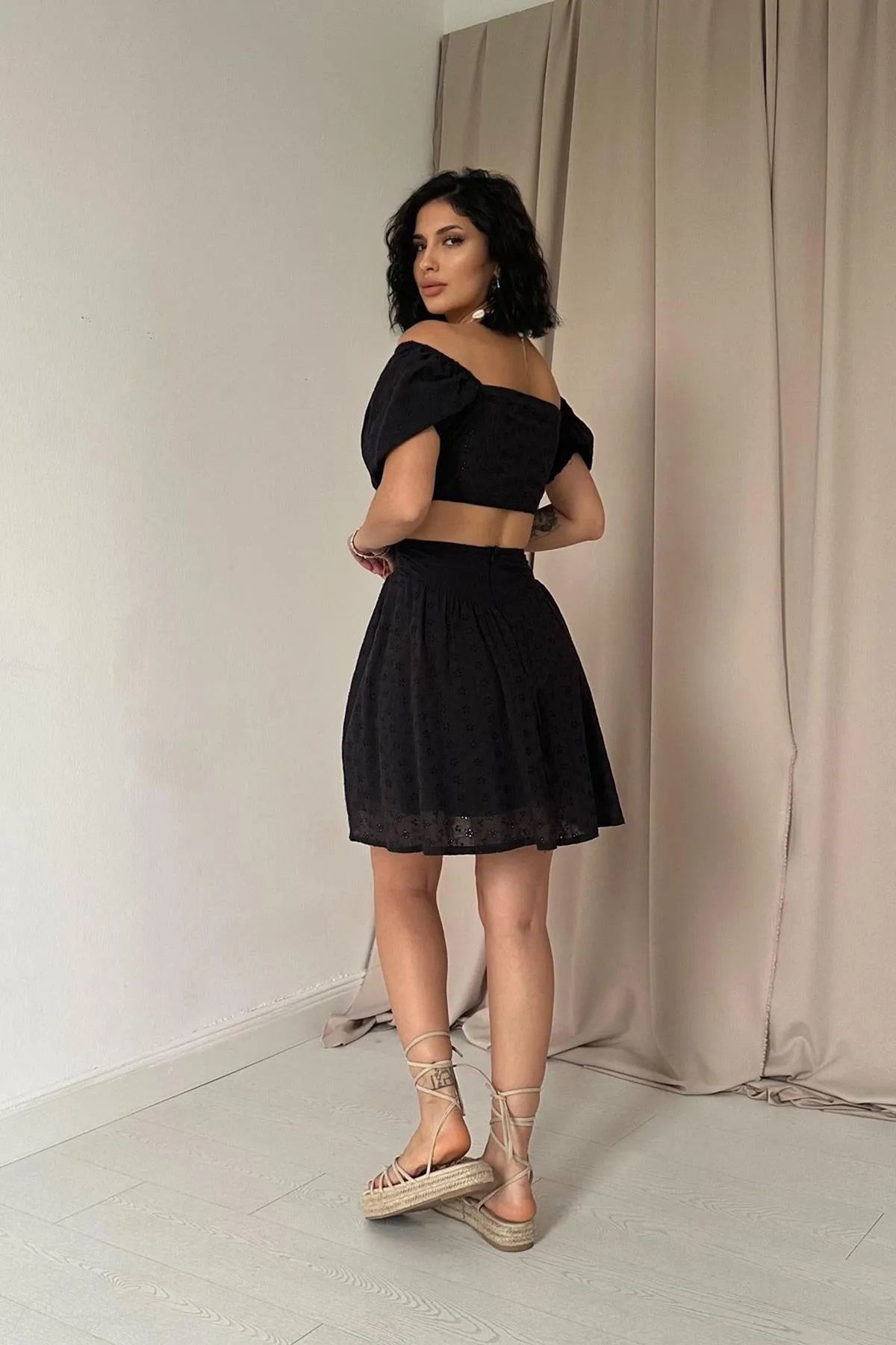 ELS Embroidered Crop Top and Mini Skirt Set - Black - Newark