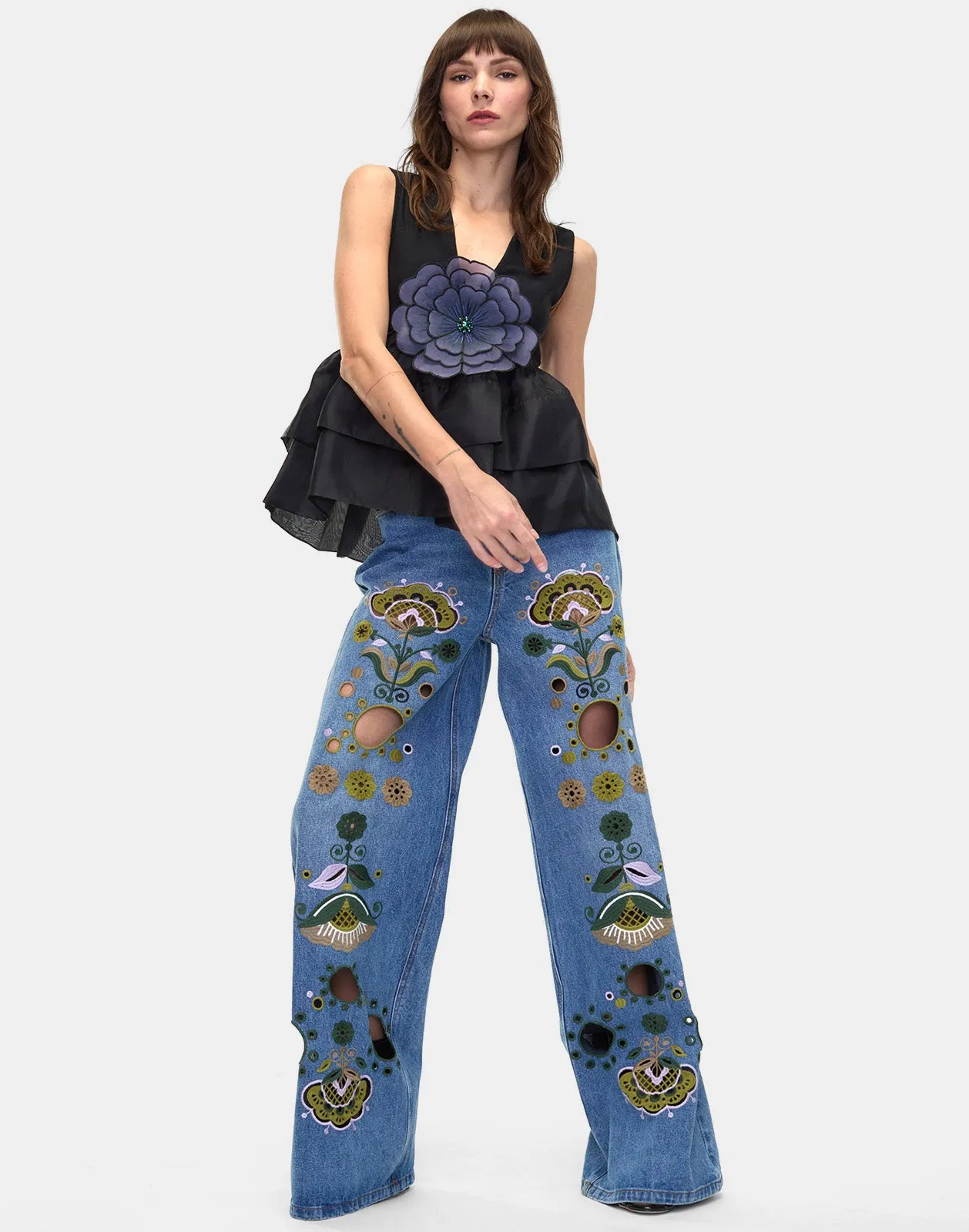 Embroidered Wide-leg Jean