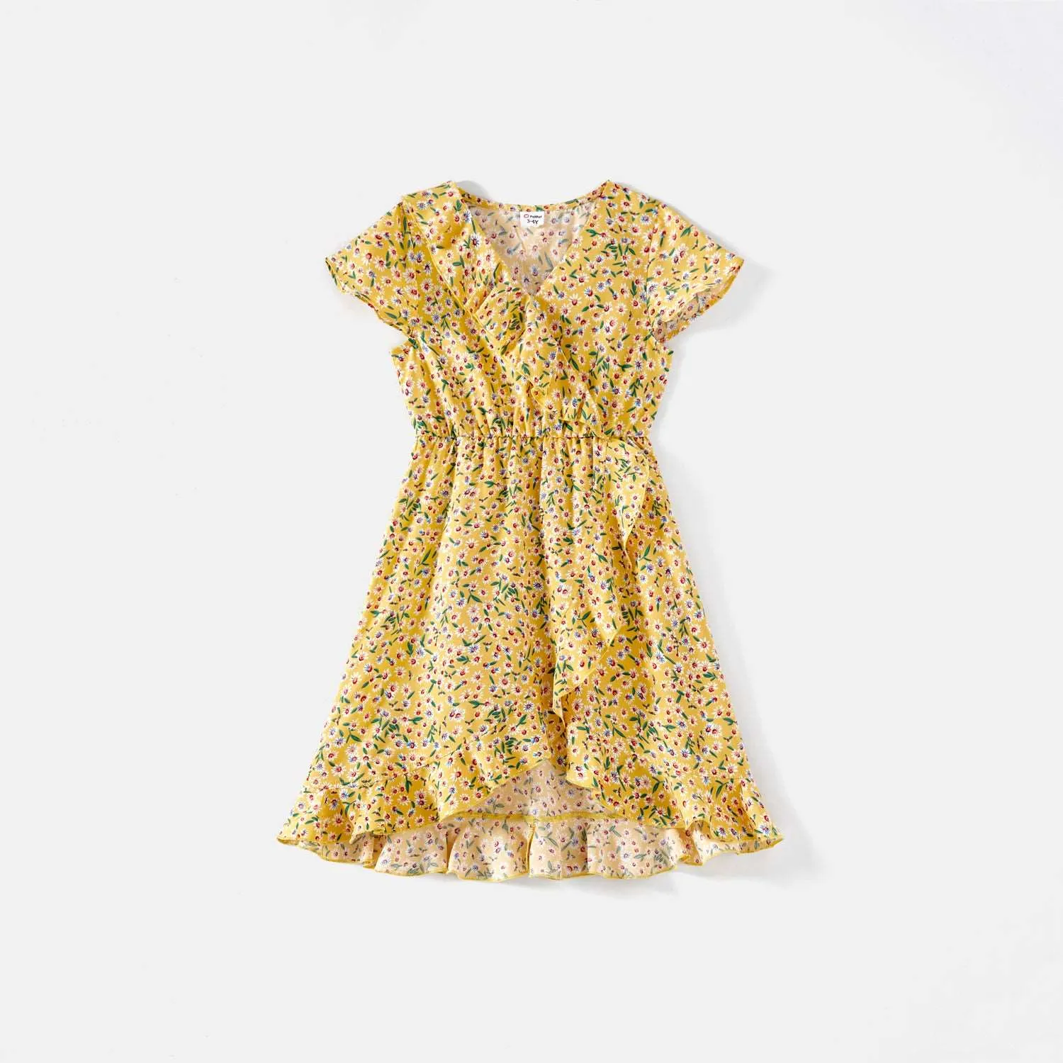Family Matching Allover  Floral Print Surplice Neck Short-sleeve  Ruffled Dresses and Colorblock Tee Sets