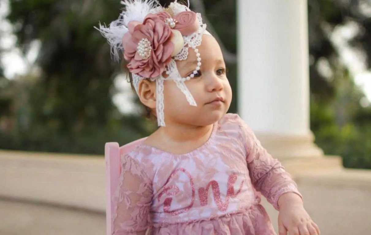 First Birthday Dusty Rose Lace Skirted Romper Glitter One: 12 - 24 Months