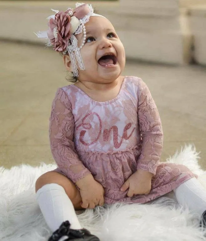 First Birthday Dusty Rose Lace Skirted Romper Glitter One: 12 - 24 Months