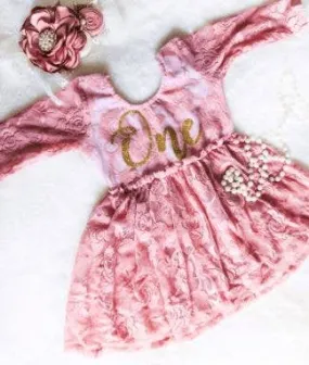 First Birthday Dusty Rose Lace Skirted Romper Glitter One: 12 - 24 Months