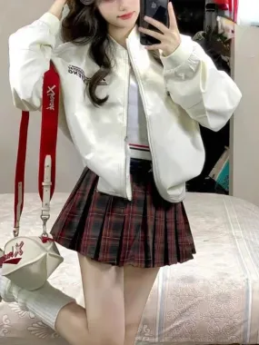 Girlary Winter Y2k Sports New Two Piece Set Women White Short Jacket  Plaid Mini Skirt Suit Female Korean Fashion Design Sweet Sets 2024