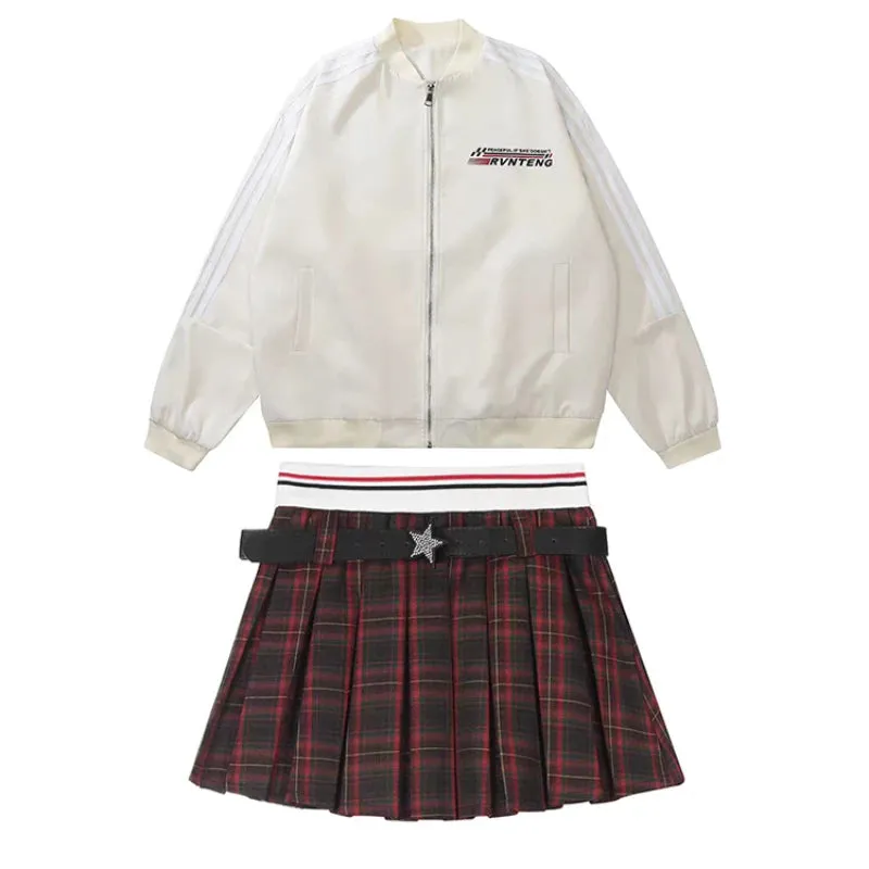 Girlary Winter Y2k Sports New Two Piece Set Women White Short Jacket  Plaid Mini Skirt Suit Female Korean Fashion Design Sweet Sets 2024