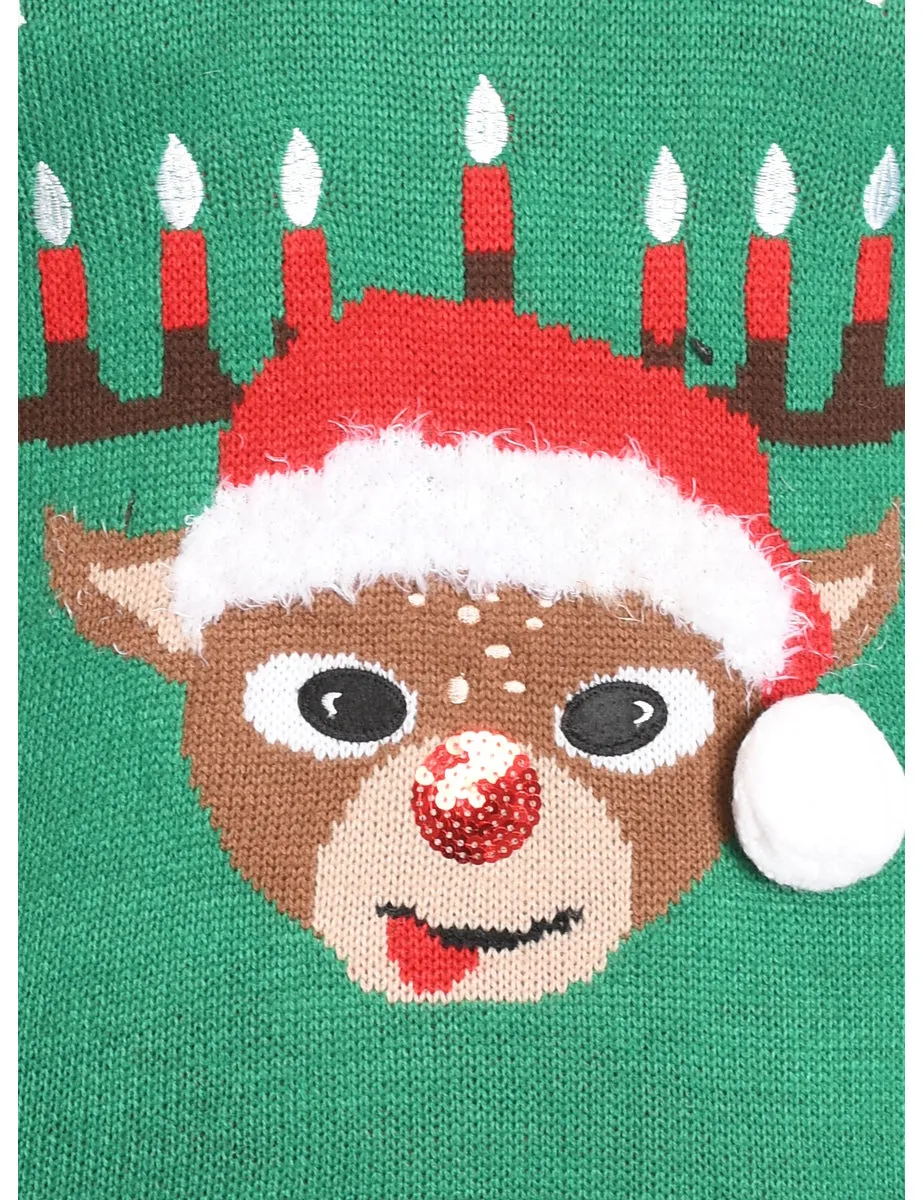 Green Nordic Reindeer Christmas Jumper - M
