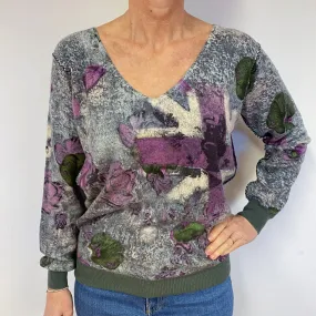 Grey Patterned Cashmere V-Neck Jumper Medium