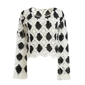 Hit Color Plaid Sweaters For Women Round Neck Long Sleeve Hollow Out Casual Knitting Sweater Female Fashion Clothes