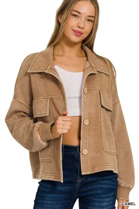 Immerse Yourself Camel Cropped Acid Wash Shacket (Size Large/XLarge)