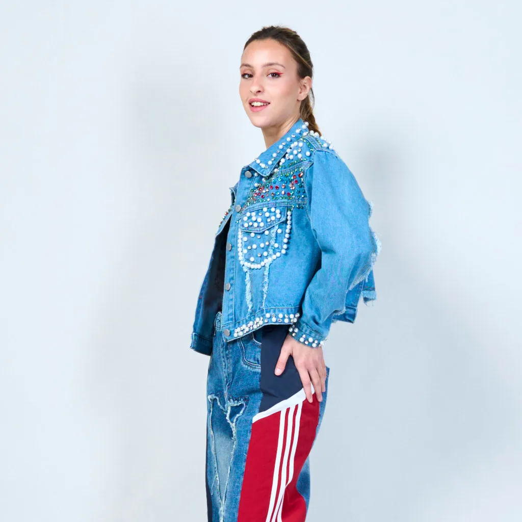 Jewel and pearl studded denim jacket wholesale