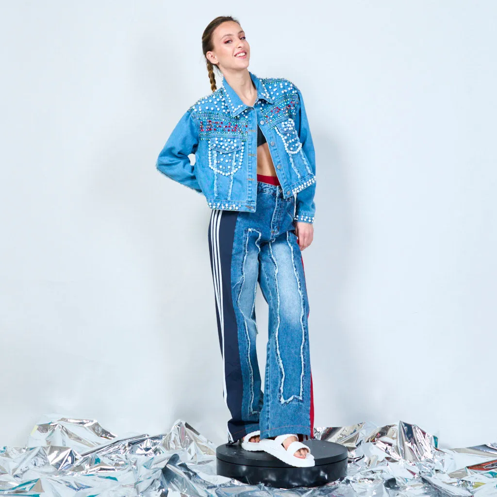 Jewel and pearl studded denim jacket wholesale