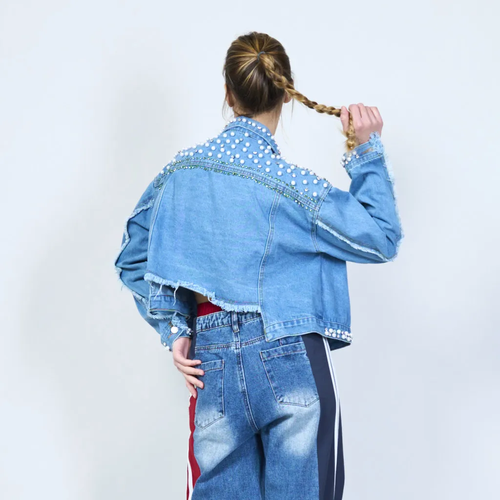 Jewel and pearl studded denim jacket wholesale