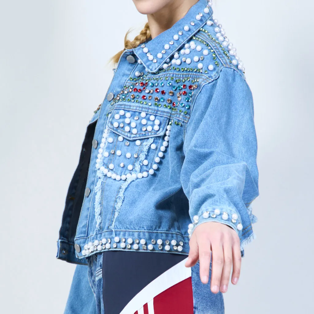 Jewel and pearl studded denim jacket wholesale