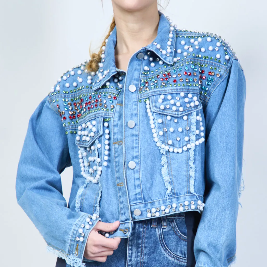 Jewel and pearl studded denim jacket wholesale