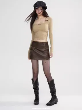 Leather Wide-Belt Tight Cool Smooth Mini-Skirt