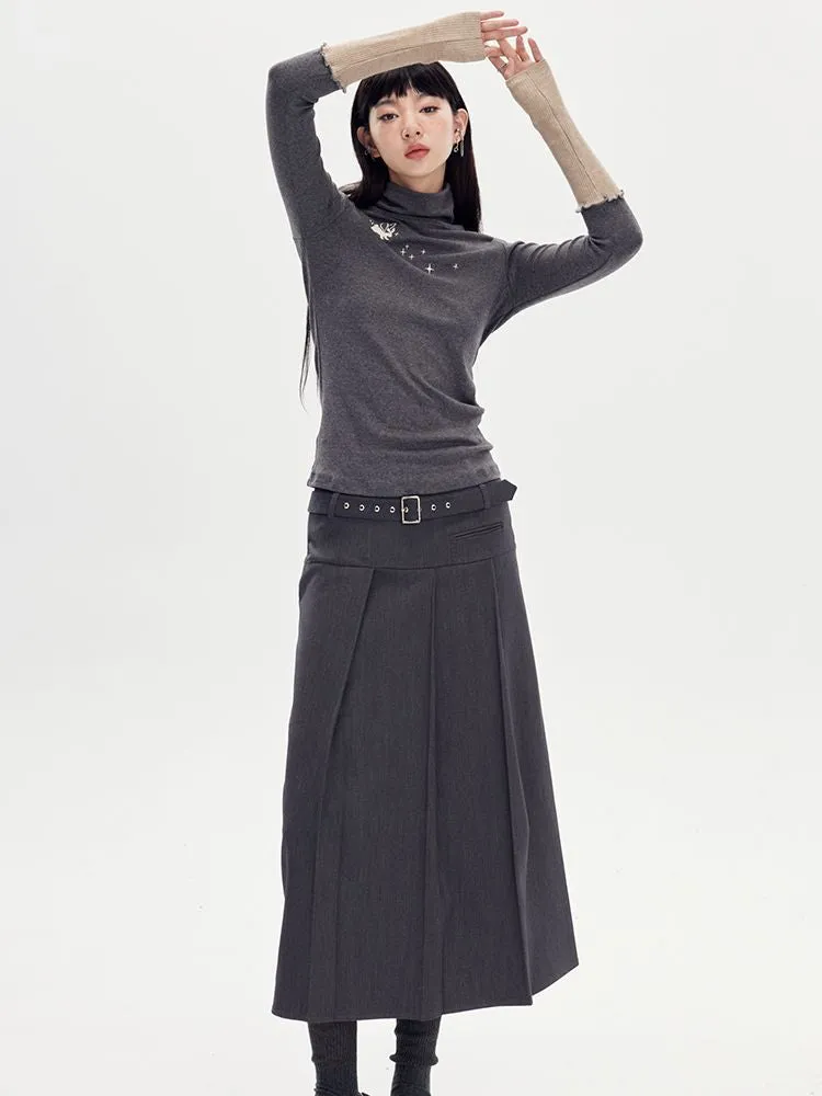 Long Box-Pleats Plain Skirt