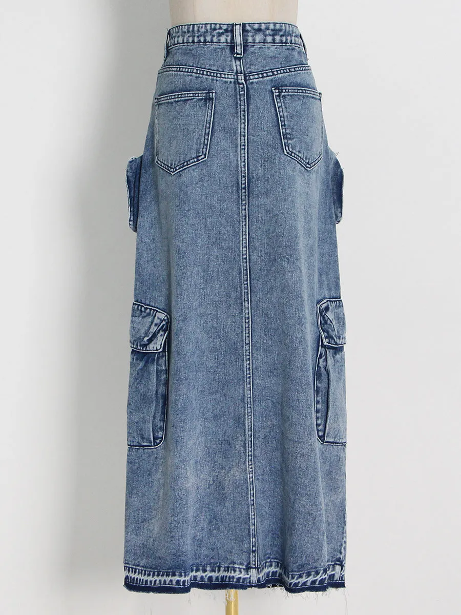Long Straight-Cut Front-Slit Denim Solid Color Midi Skirt