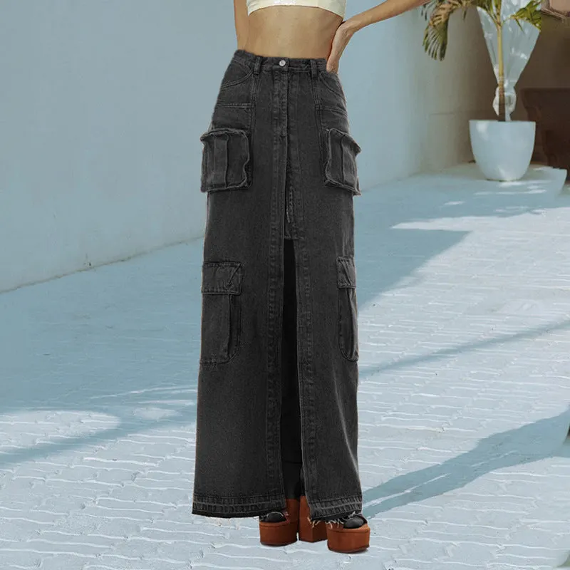 Long Straight-Cut Front-Slit Denim Solid Color Midi Skirt