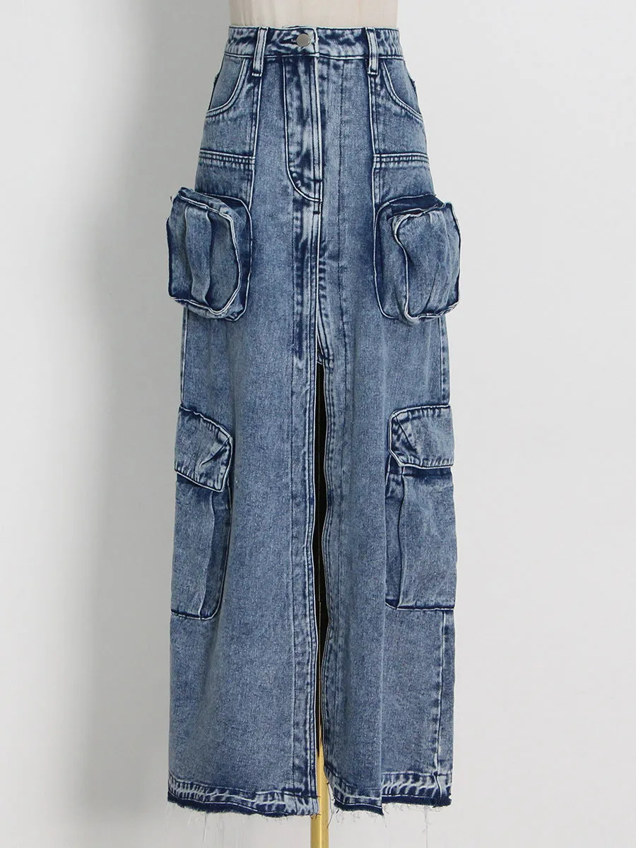 Long Straight-Cut Front-Slit Denim Solid Color Midi Skirt