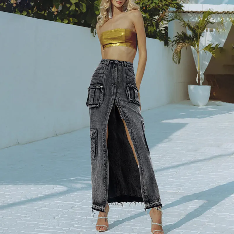 Long Straight-Cut Front-Slit Denim Solid Color Midi Skirt