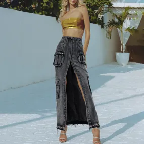 Long Straight-Cut Front-Slit Denim Solid Color Midi Skirt