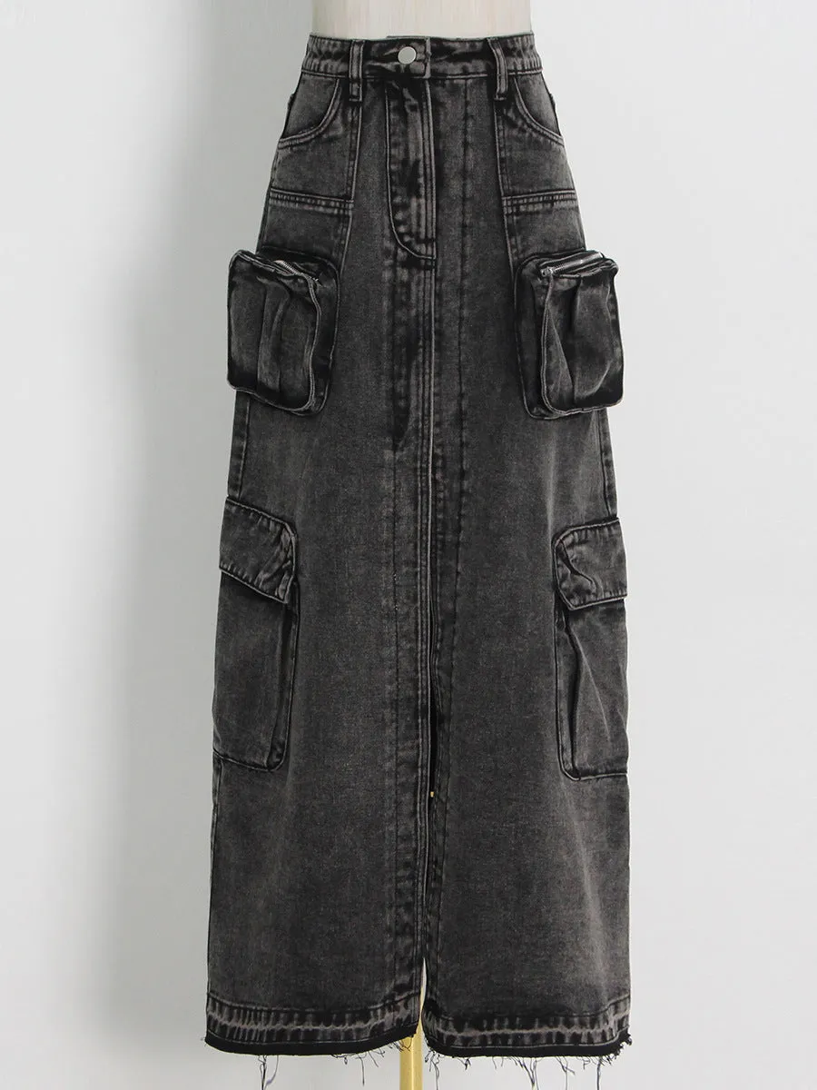 Long Straight-Cut Front-Slit Denim Solid Color Midi Skirt