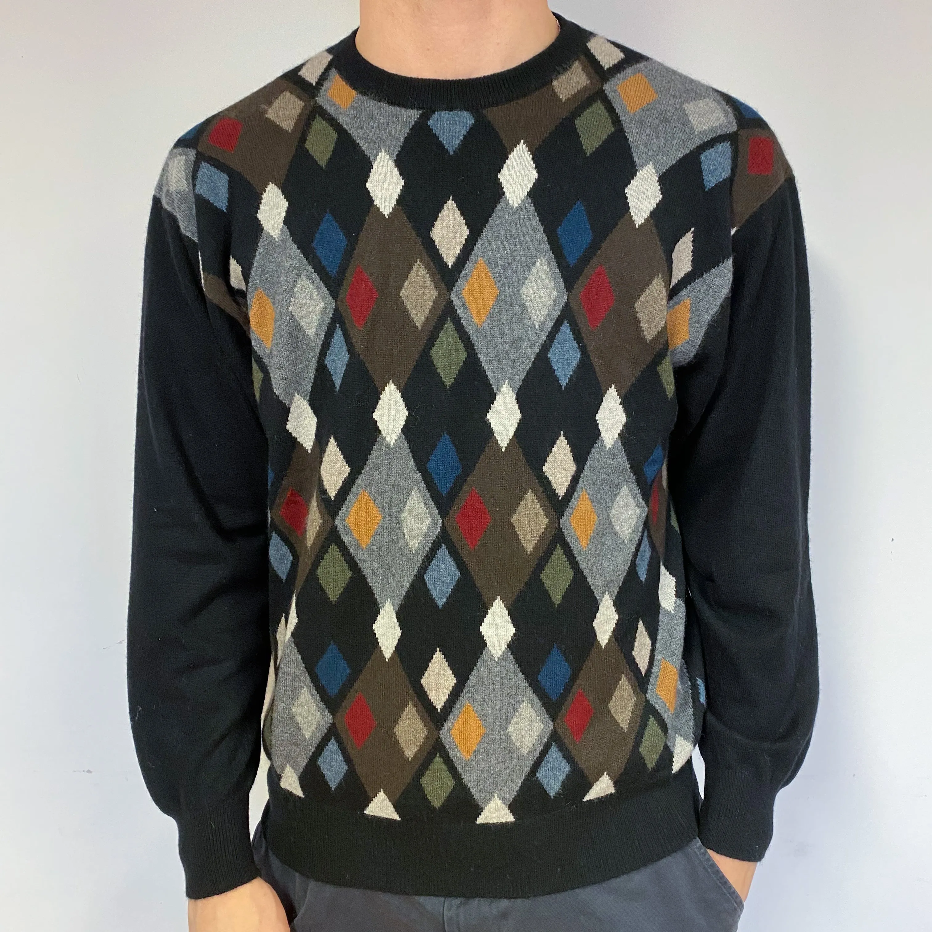 Men's Black Diamond Cashmere Crew Neck Jumper Large