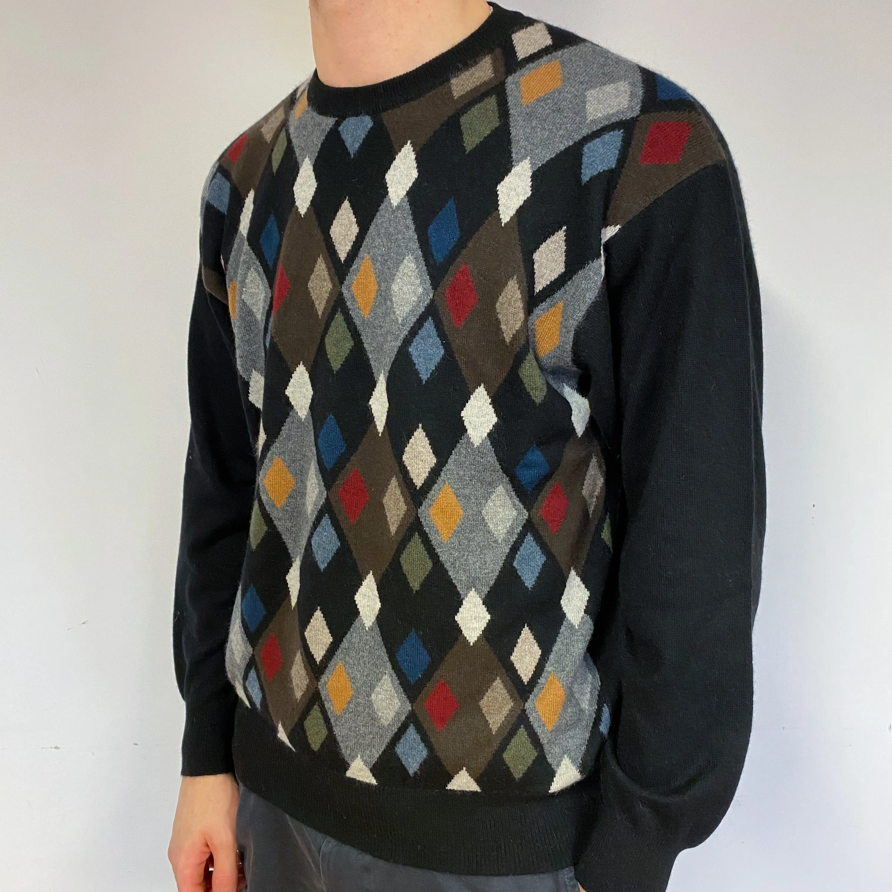 Men's Black Diamond Cashmere Crew Neck Jumper Large