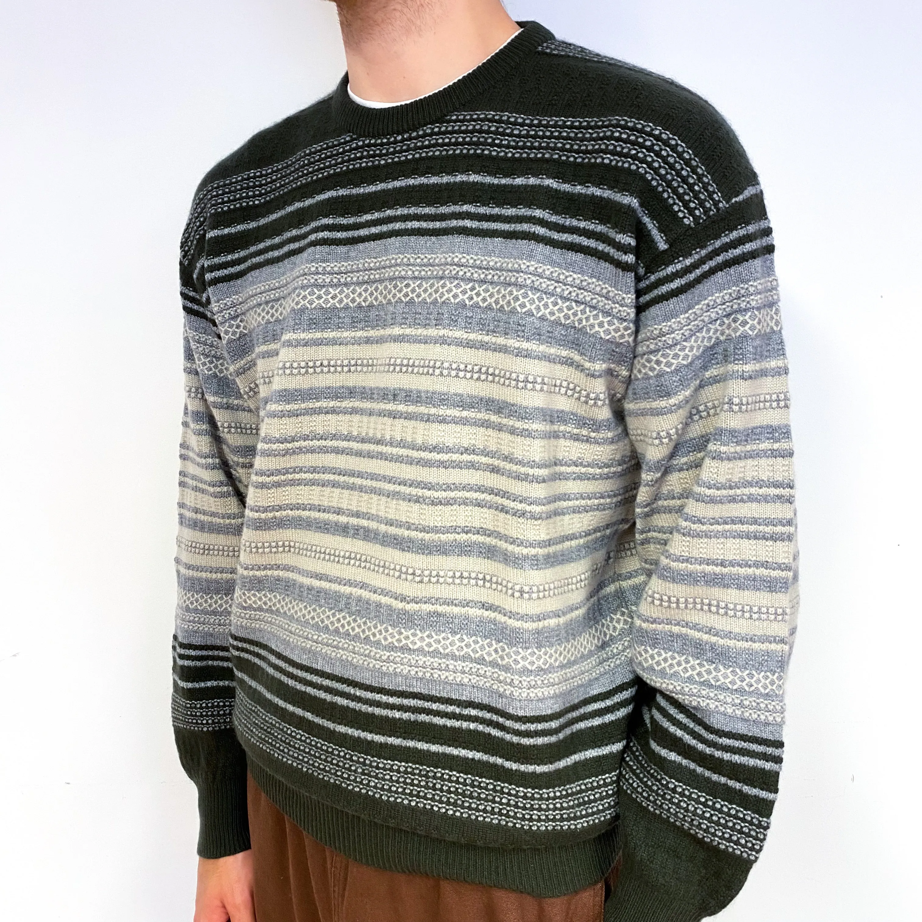 Men's Forest Green Grey Textured Stripe Cashmere Crew Neck Jumper Large