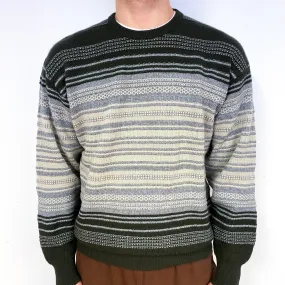 Men's Forest Green Grey Textured Stripe Cashmere Crew Neck Jumper Large