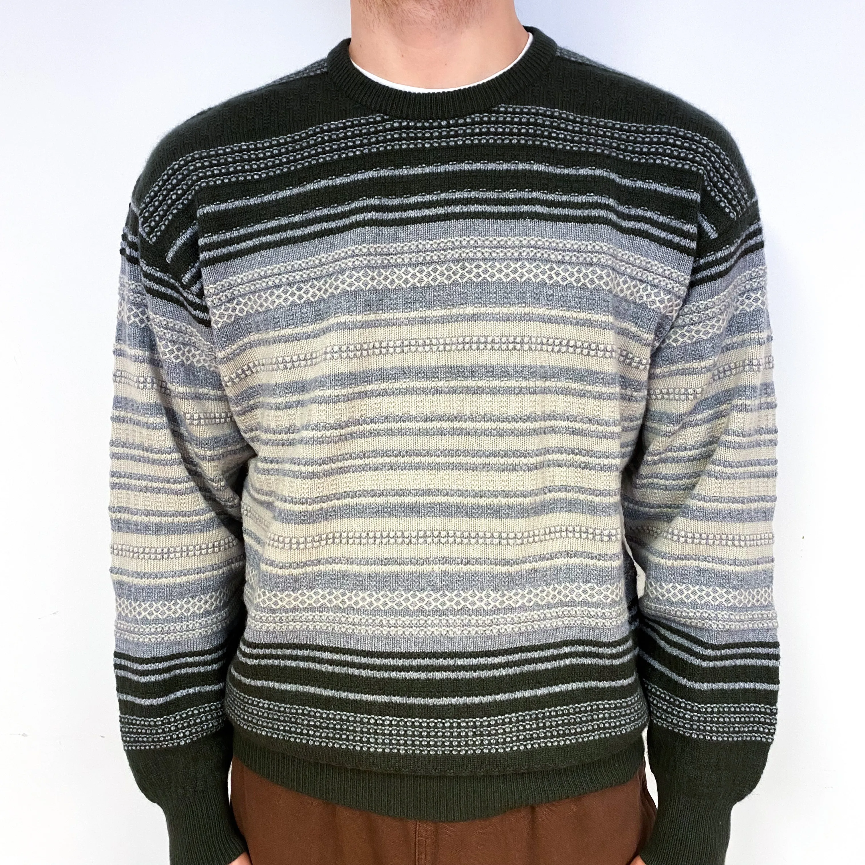 Men's Forest Green Grey Textured Stripe Cashmere Crew Neck Jumper Large