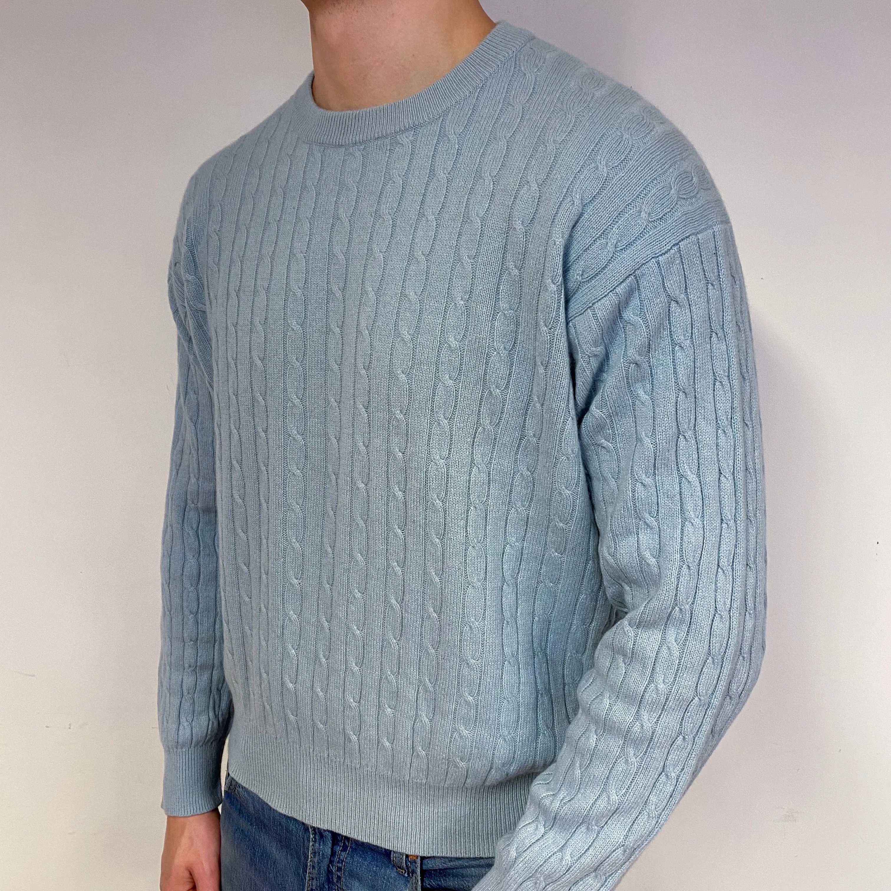 Men's Opal Blue Cable Cashmere Crew Neck Jumper Extra Large