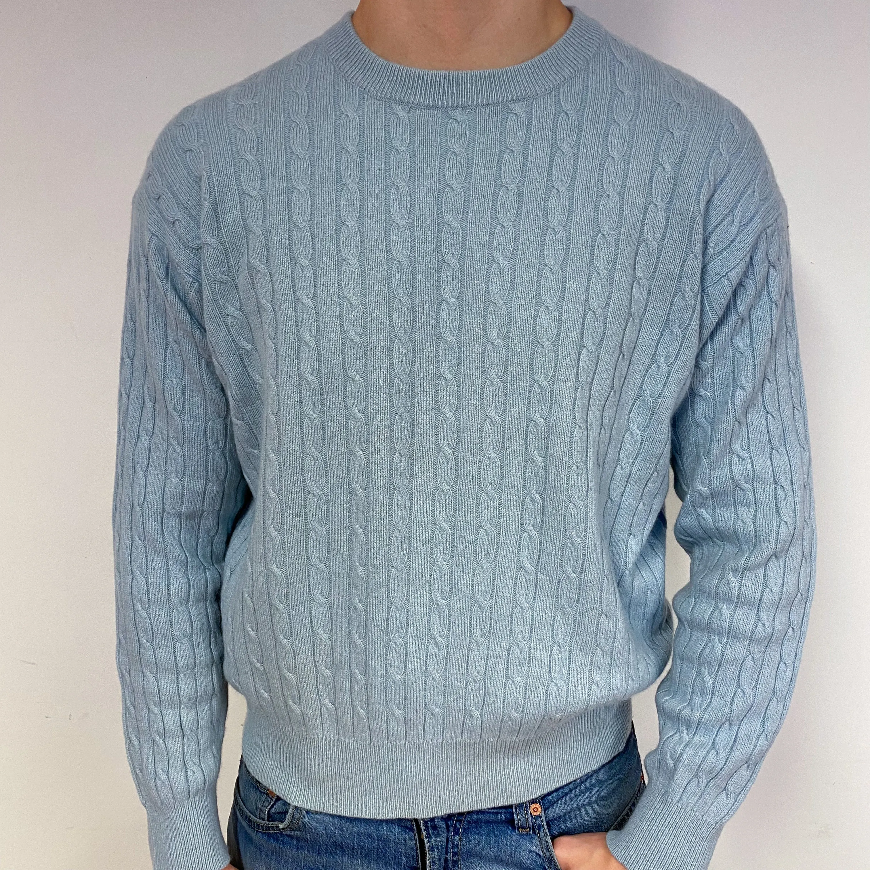 Men's Opal Blue Cable Cashmere Crew Neck Jumper Extra Large