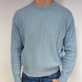 Men's Opal Blue Cable Cashmere Crew Neck Jumper Extra Large