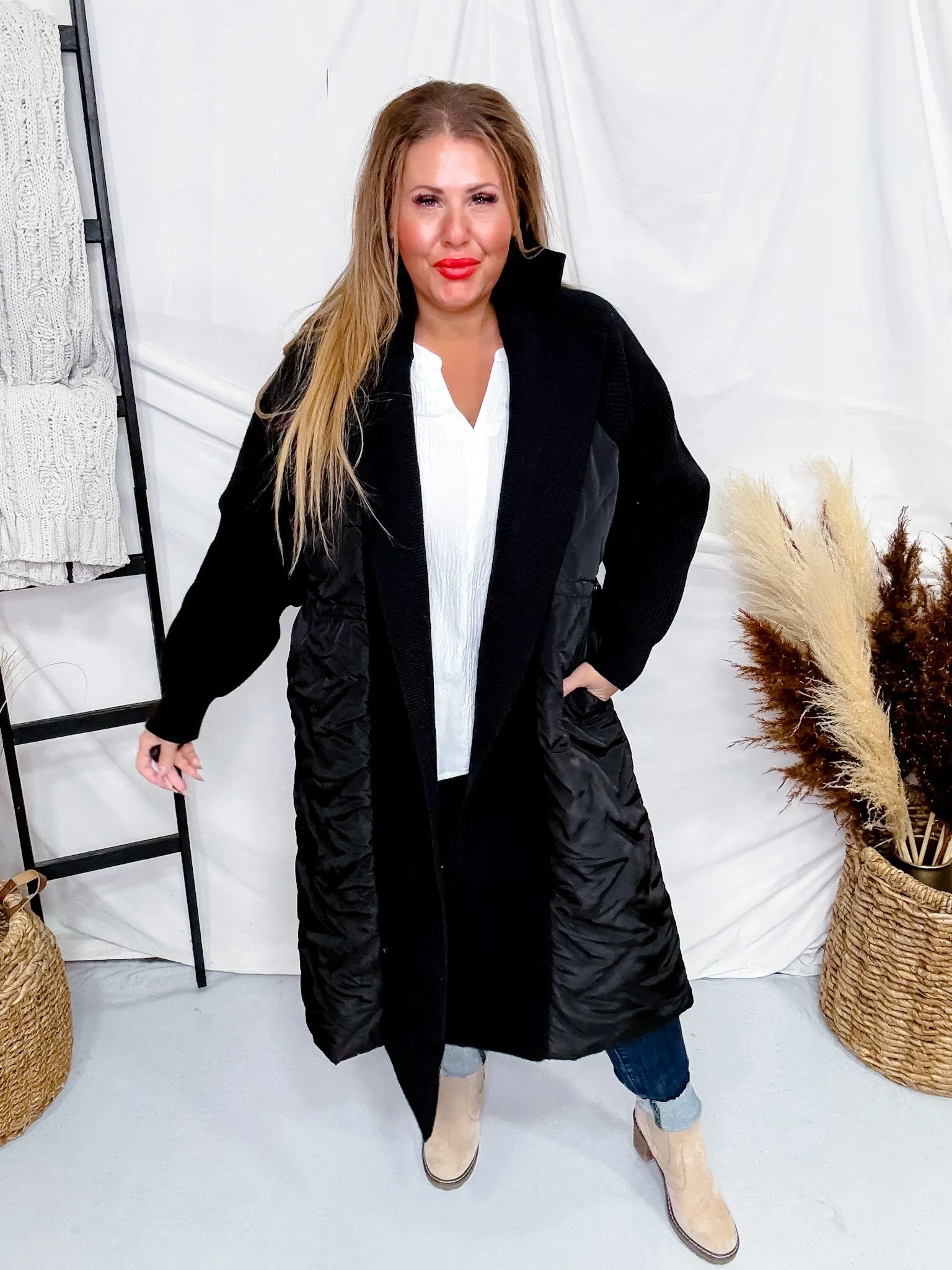 Mixed Knit and Quilted Jacket with Turn Down Collar FINAL SALE