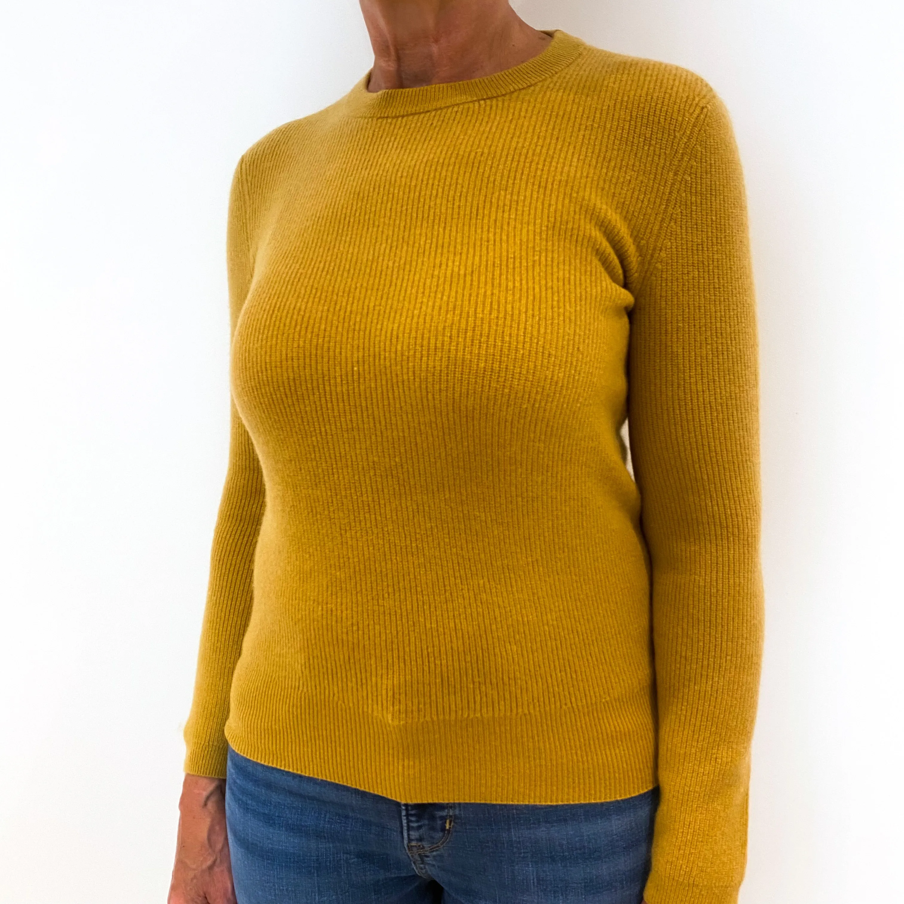 Mustard Yellow Rib Cashmere Crew Neck Jumper Medium