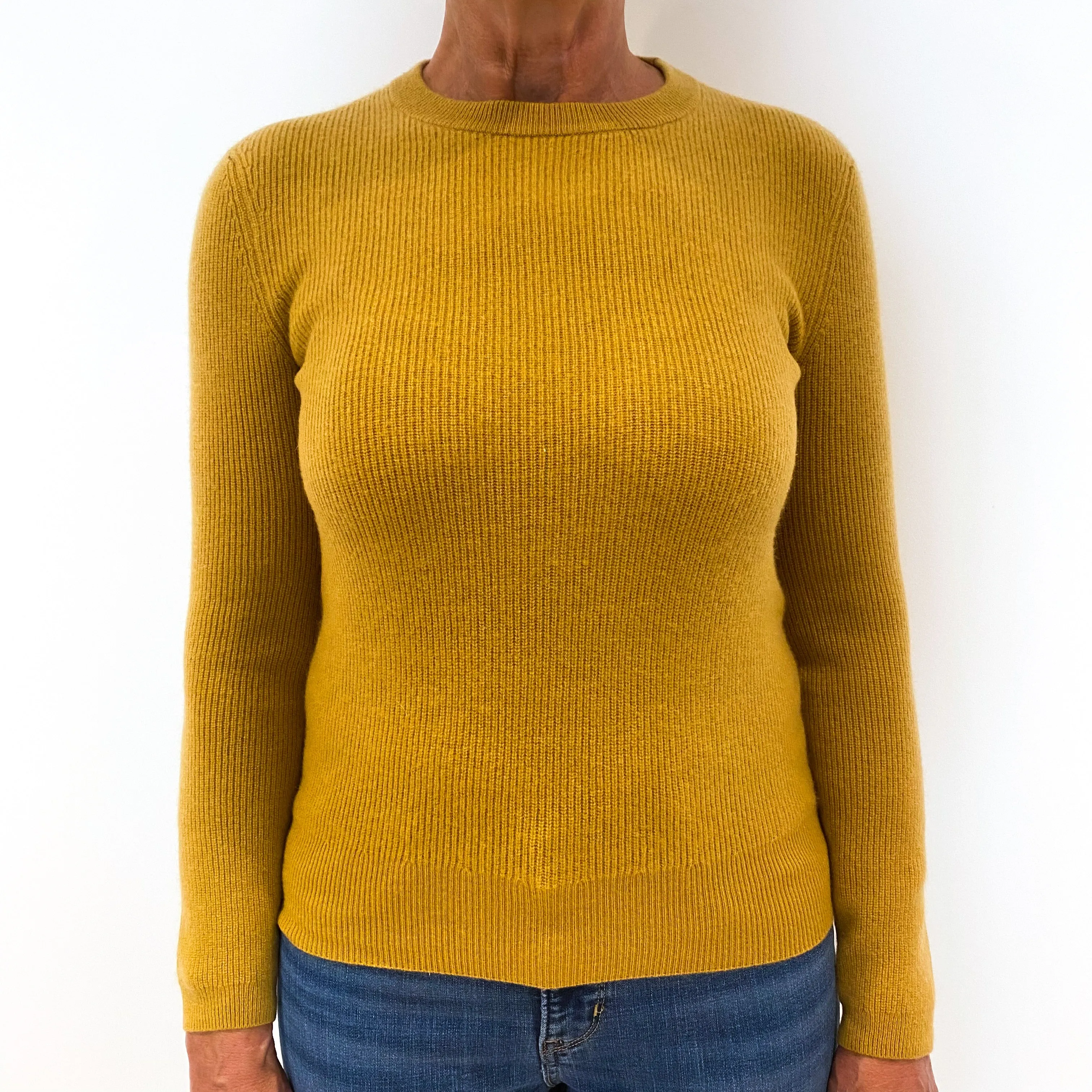 Mustard Yellow Rib Cashmere Crew Neck Jumper Medium