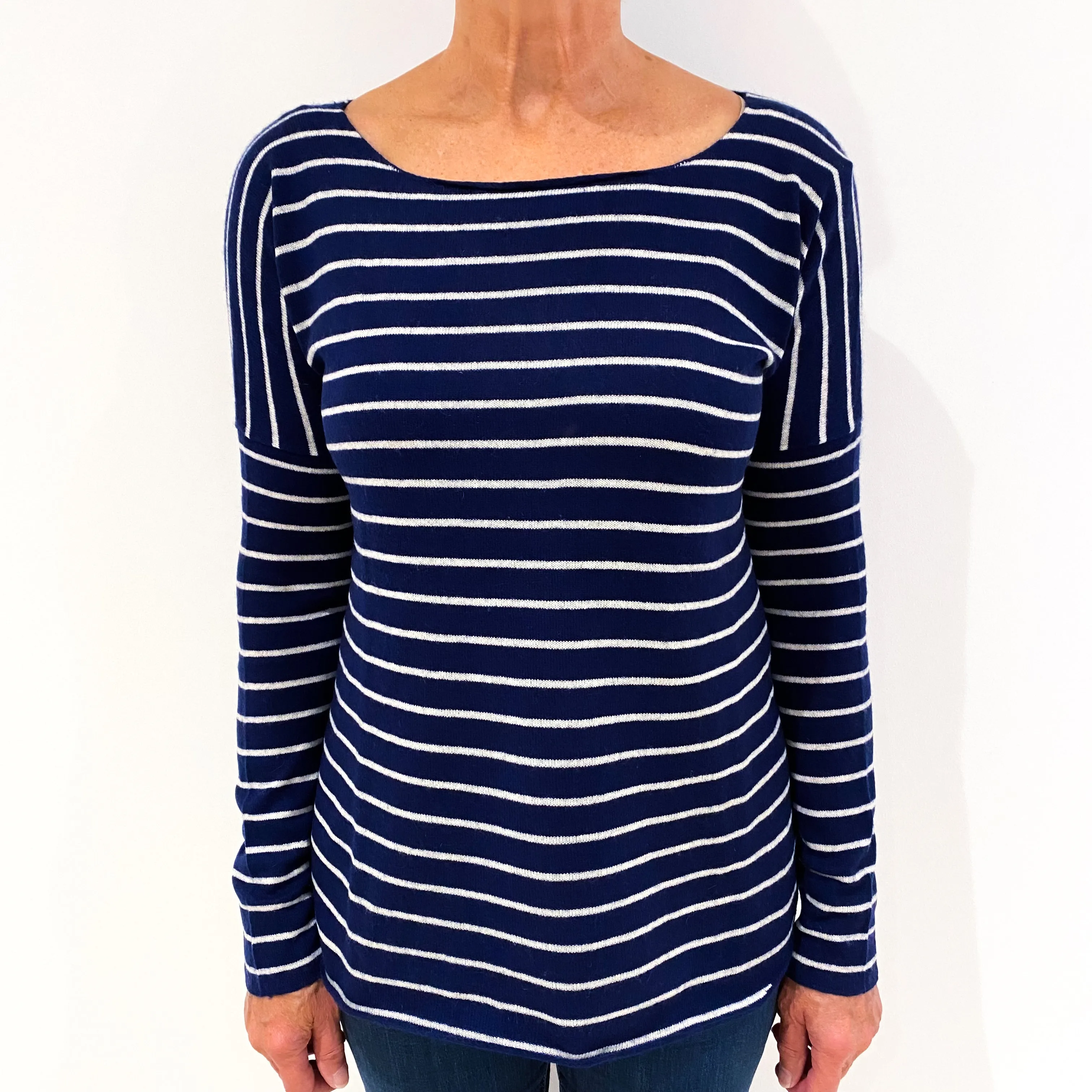 Naval Blue and Cream Striped Cashmere Crew Neck Jumper Medium